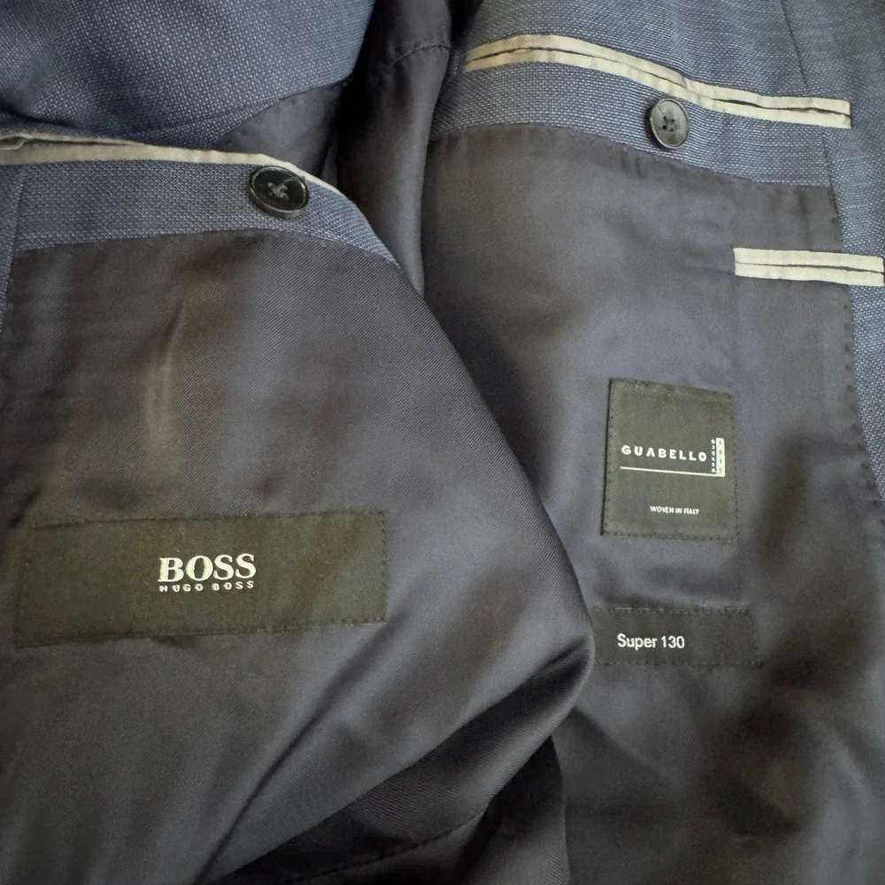Hugo Boss‎ Suit Mens 46R 38x27 Blue Micro-pattern Guabello Super 130s Wool 2pc